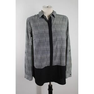 Talbots Size S Black White Plaid Button Down Blouse Mixed Media Roll Tab Sleeve